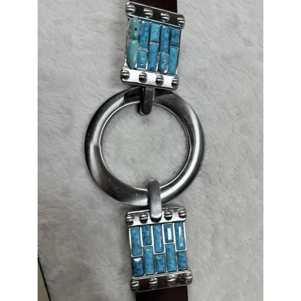 Chicos Turquoise Leather Belt Brown Silver O Ring Buckle Western Southwestern ML